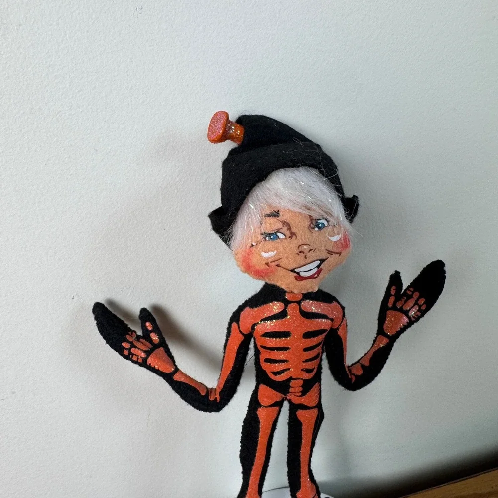 Annalee Mobilitee Lil Skeleton Halloween Doll Orange Black‎ Glitter Sparkle